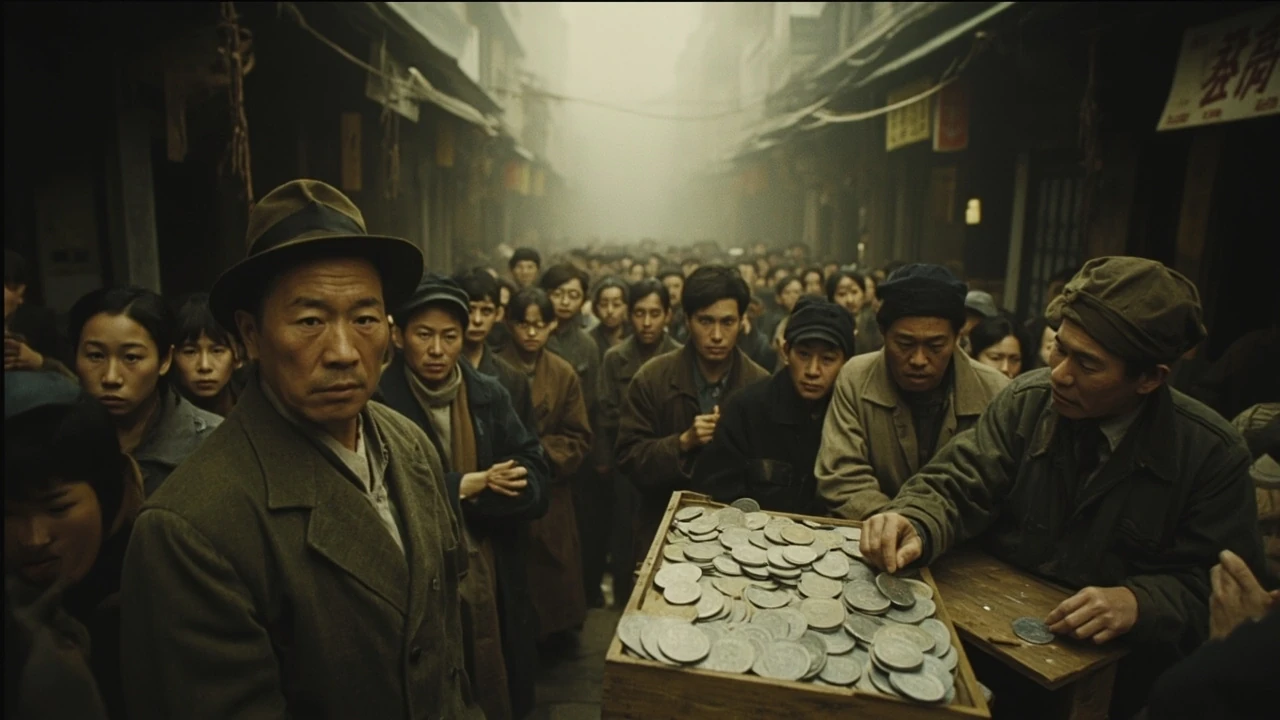 1948 年上海弄堂里，百姓排长队用金圆券换银元