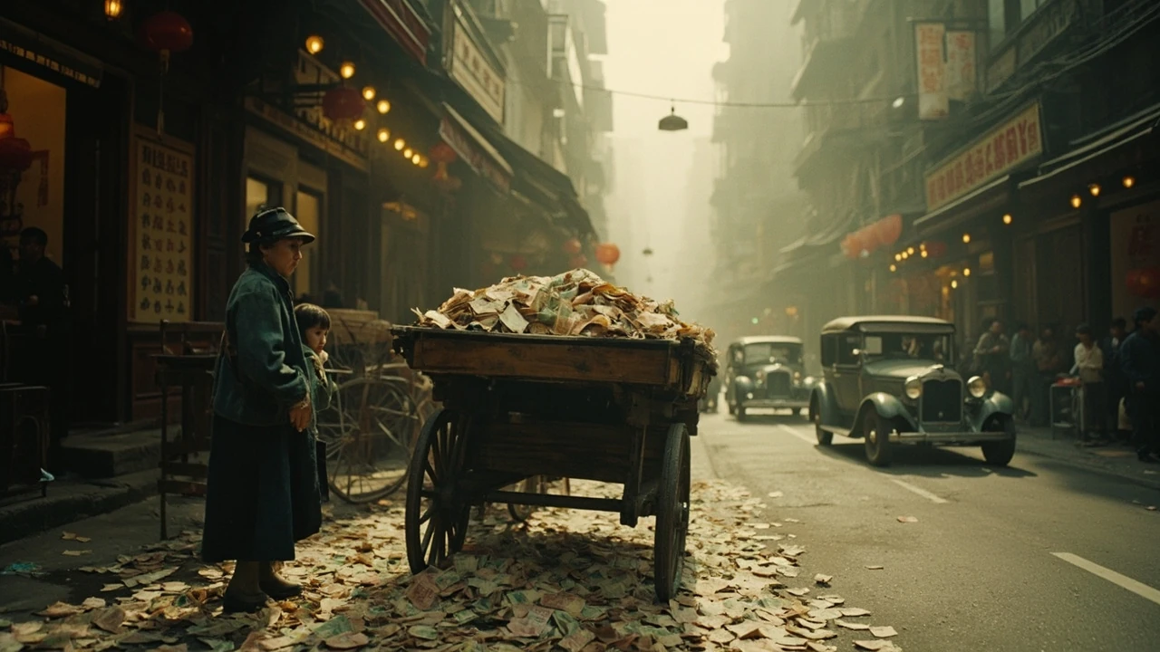 1940 年代上海南京路，废纸法币堆满街边推车